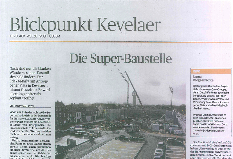 Baufortschritt des EDEKA-Marktes am Antwerpener Platz in Kevelaer mit Einsatz von Lütkenhaus-Thermowänden und Elementdecken