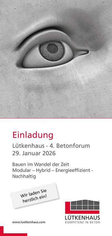 Einladung zum 4. Betonforum der Lütkenhaus GmbH: Beton-Fertigteile, nachhaltig und präzise gefertigt im Bereich Wände, Decken und Treppen.