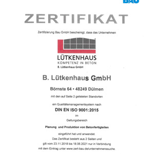 DIN EN ISO 9001 Zertifikat - Lütkenhaus Betonfertigteile