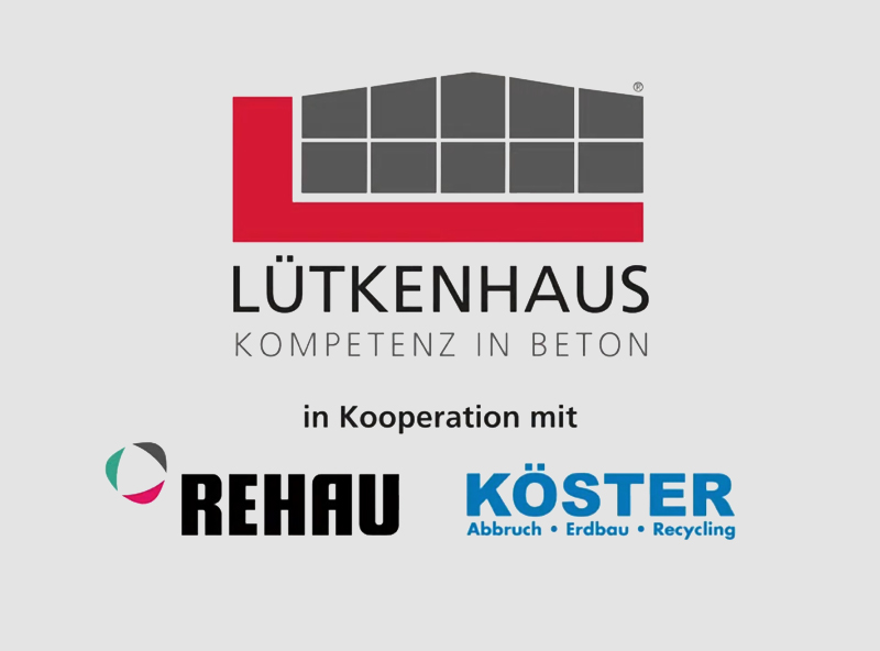 Logo der Lütkenhaus GmbH, Spezialist für nachhaltige Betonfertigteile, mit REHAU und Köster Kooperation für beste Bauqualität.